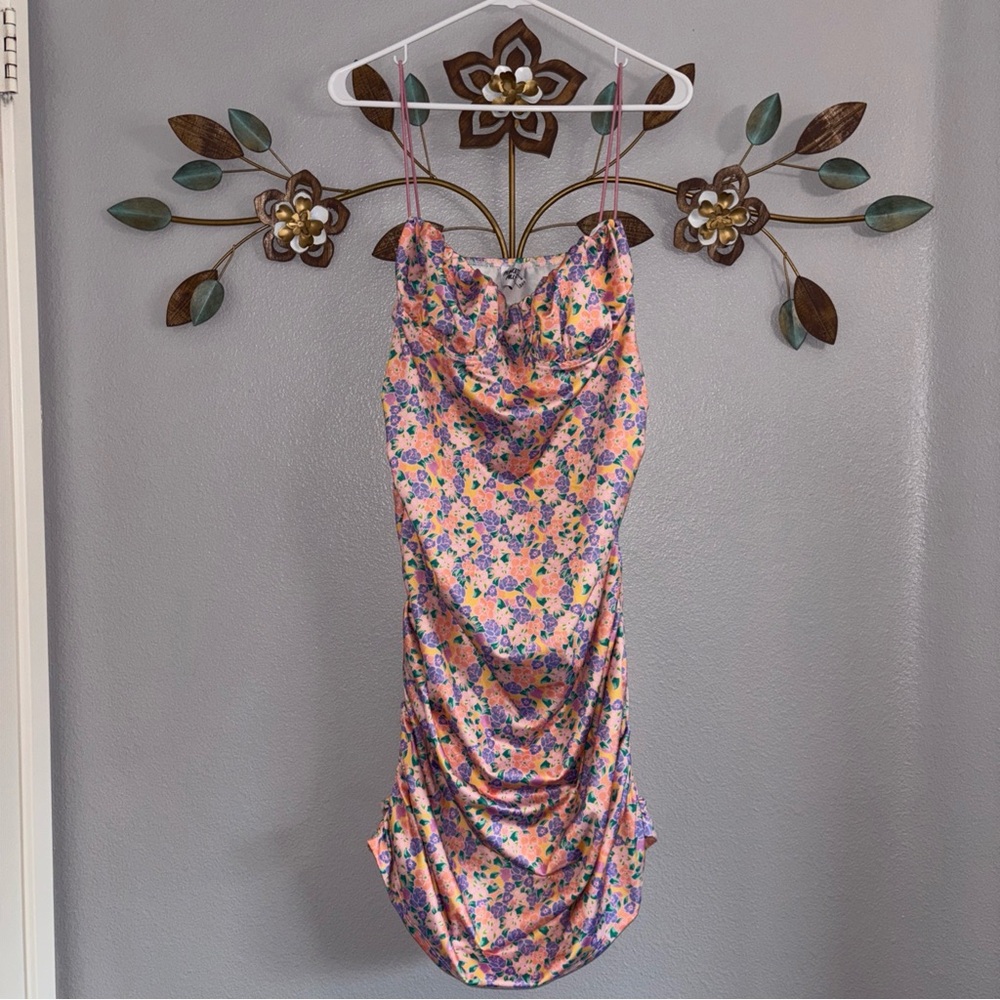 Princess Polly Womens Size 12 Catarina Purple Pink Floral Ruched Dress